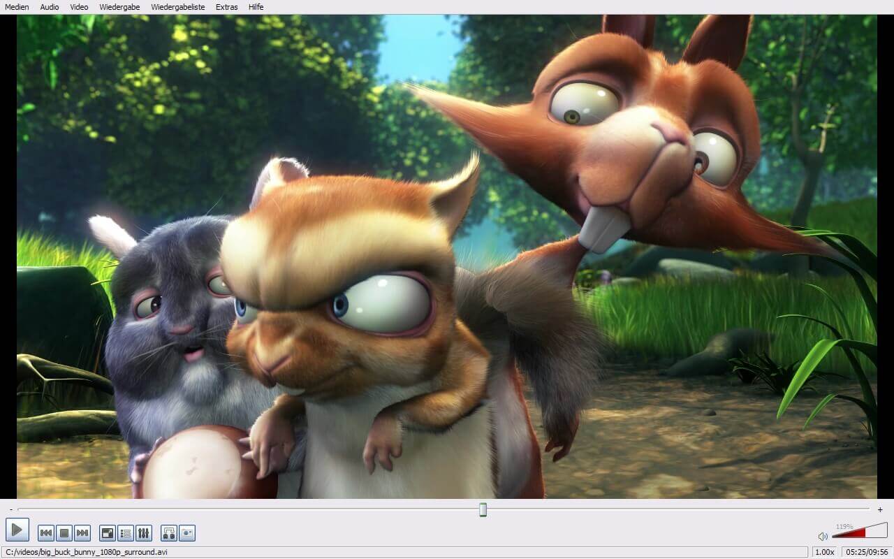VLC playing Big Buck Bunny showing main characters with expressive facial animations
